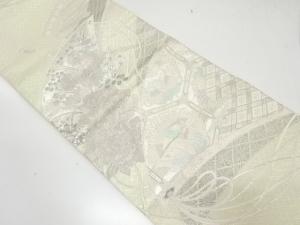 扇に牡丹・鴛鴦模様織り出し　袋帯